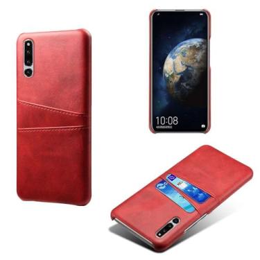 Imagem de Capas Compatível com Huawei Honor Magic 2,Caso de couro PU-Tampa de telefone a prova de choque com 2 slots de cartão,Proteção anti-impressão digital e anti-gota-Red
