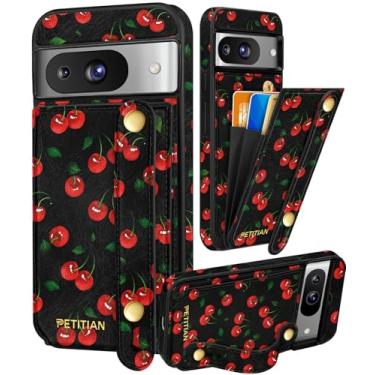 Imagem de Petitian Capa para Google Pixel 8A com carteira – Pulseira feminina bonita feminina estética design exclusivo suporte de cartão de crédito suporte de cartão de crédito para Pixel 8A, cereja
