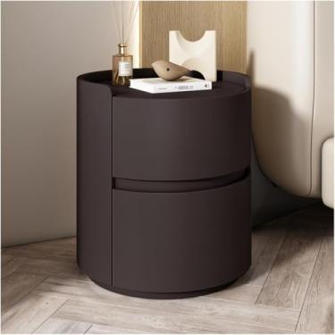 Imagem de Mesa De Cabeceira Redonda De Couro De Microfibra Com 2 Gavetas De Madeira Mesa Lateral Moderna Armário De Armazenamento De Madeira Maciça Para Sala De Estar, Dark Brown, 45x50cm
