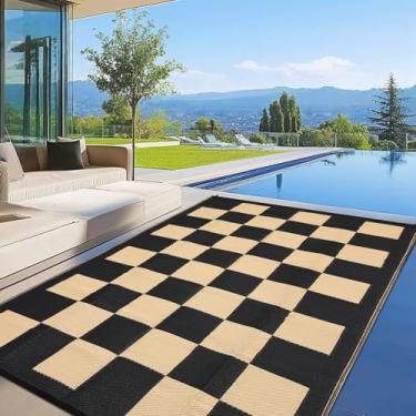 Imagem de GarveeLife Tapete de palha de plástico resistente a UV 22 x 45 cm, portátil, reversível, moderno, quadriculado, leve, acampamento, para quintal, deck, varanda, preto e marrom