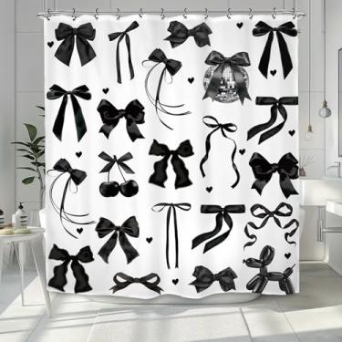 Imagem de Yookeb Cortina de chuveiro de banheiro com laço preto para meninas adolescentes, 152 cm por 188 cm, tecido de poliéster elegante, 12 ganchos de plástico, à prova d'água, decoração