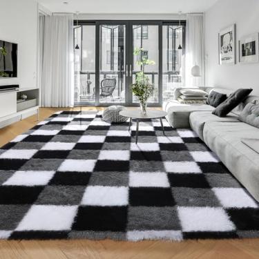 Imagem de KICMOR Tapetes de área de 15 x 23 cm para sala de estar, grande, fofo, macio, preto, branco, cinza, xadrez, grande felpudo, tapete felpudo para quarto de crianças, meninos, meninas, quarto, berçário