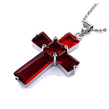 Imagem de RIZILIA Pingente De Cruz Com Corrente 18" E Corte Quadrado Trapezoidal Cz [Rubi Vermelho Simulado] Banhado A Ouro Branco, Simples, Moderno Elegante