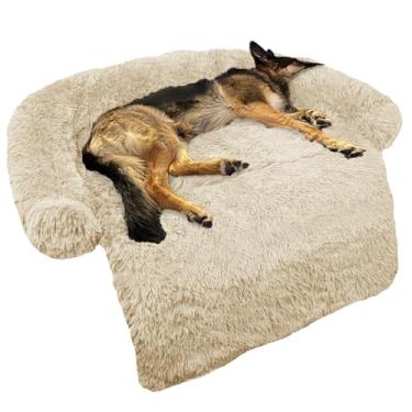 Imagem de Cama de cachorro calmante de pelúcia fofa para protetor de móveis com capa lavável removível para cães e gatos grandes, médios e pequenos (grande, bege)