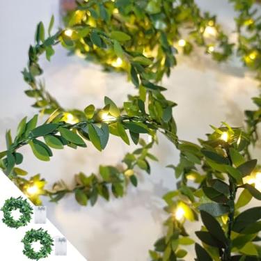 Imagem de Pacote com 2 luzes de fadas de 1,8 m com guirlanda de folhas verdes, operada por pilha, 20 luzes de LED artificiais para plantas, guirlandas de videira, perfeita para quarto, Natal, parede, jardim