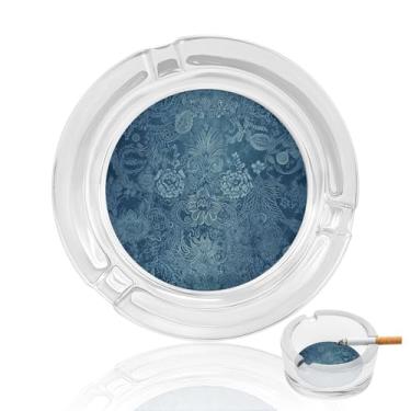 Imagem de Cinzeiro de vidro cristal de renda floral azul, cinzeiro redondo de vidro resistente para fumar cinzeiro portátil decorativo moderno para uso em casa, escritório, interior, exterior, pátio