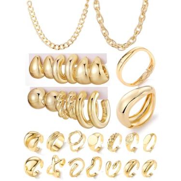 Imagem de IFKM Conjunto de joias banhado a ouro de 36 peças com 4 colares, 11 pulseiras, 7 brincos de orelha, 14 anéis de articulação para mulheres, meninas, presente de aniversário e amizade, Medium, Liga de