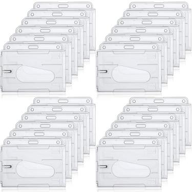 Imagem de Marspark 25 peças, 2 porta-crachás de identificação de plástico resistente, protetor transparente para crachá, capa protetora com compartimento para polegar para cartão de crédito (horizontal)