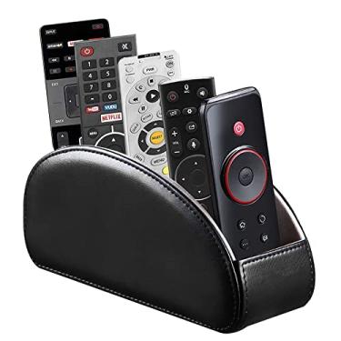 Imagem de PU Leather Remote Control Holder,TV Remote Caddy with 5 Compartments,Bedside Table or Desktop Organizer for TV,DVD,Blu-Ray,Heater Controllers and Glasses,Media Player,Pen or Pencil Storage(Black)