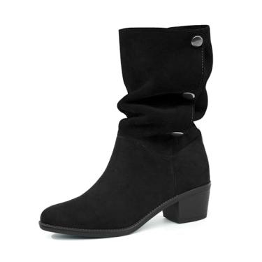 Imagem de starmerx Bota feminina de camurça, cano médio, 3 vias, dobrável, salto grosso, outono inverno, Preto, 36