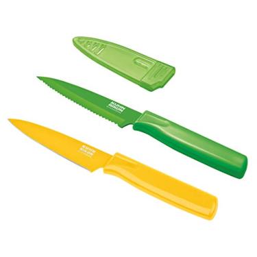 Imagem de Kuhn Rikon Faca de descascar COLORI reta e serrilhada com bainha de segurança, lâmina de 10,16 cm, conjunto de 2, verde e amarelo