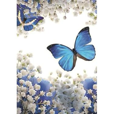 Imagem de Papel autoadesivo para decoupage de arroz 28,5 cm x 39,5 cm – borboletas azuis Morpho & Almirante com hálito de bebê e hortênsias em fundo branco macio para artesanato DIY, painéis de móveis e arte de
