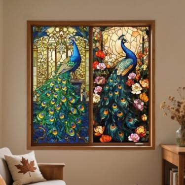 Imagem de ANATTASOUL Adesivos de janela estática pavão e flores 1 folha reutilizável decalque de janela para vidro, 120 cm x 30 cm adesivo de janela dupla face removível para quarto, escritório, decoração de