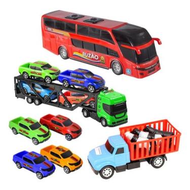 Imagem de Kit Brinquedos Caminhão Cegonha Onibus Carrinhos Boiadeiro