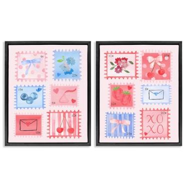 Imagem de Stupell Industries Conjunto de tela flutuante com moldura preta de 2 peças de carimbos adoráveis em azul e rosa por Nina Jacobs, 78 x 63 cm