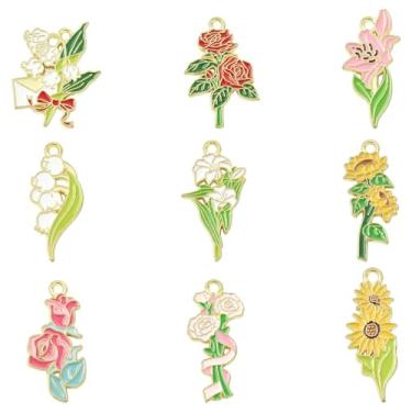 Imagem de UR URLIFEHALL 45 peças, 9 estilos, pingentes de flores esmaltadas primavera verão pingentes temáticos florais para colar faça você mesmo, pulseira, brincos, suprimentos para fabricação de joias