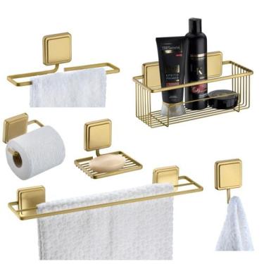 Imagem de Kit 6 Peças Acessórios De Banheiro Toalheiro Gancho Papeleira Adesivo 