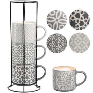 Imagem de Hiceeden Conjunto de 4 canecas de café com suporte de metal, canecas de café expresso empilháveis de 425 g para cacau, latte, americano, cappuccinos ou bebidas