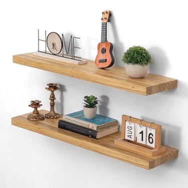 Imagem de Prateleiras flutuantes de madeira maciça 81 x 20 cm, conjunto de 2 - prateleira de olmo de borda lisa com suportes invisíveis, prateleiras minimalistas para sala de estar, quarto, cozinha, decoração