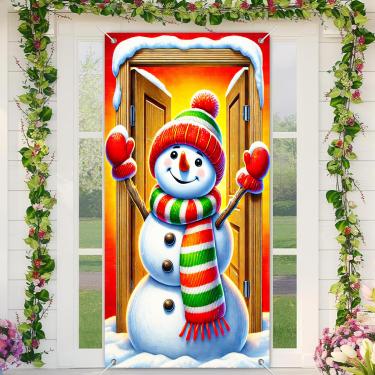 Imagem de BlissYard Merry Christmas Capa para porta de 89 x 188 cm, banners de porta de varanda para decoração de inverno boneco de neve com cachecol listrado luvas vermelhas para decoração de festa de fundo de