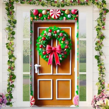 Imagem de BlissYard Guirlanda de Natal, faixa para porta de feliz Natal, 89 x 188 cm, decoração de porta da frente com laço vermelho, guirlanda verde e detalhes de doces para exibição interna e externa, faixa