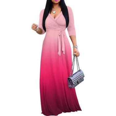 Imagem de Vestido maxi PinkPatty Gradient com decote em V e mangas 3/4 para mulh