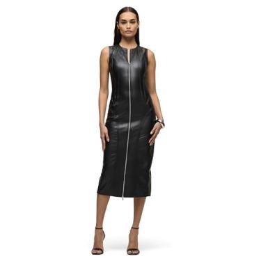 Imagem de Hudson Vestido feminino de couro vegano sem mangas com zíper midi, Preto, 25