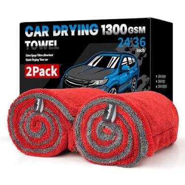 Imagem de Singrune Pacote com 2 toalhas de secagem de carro GG – Microfibra ultra absorvente 1300GSM, tamanho grande, 61 x 91 cm, laço torcido, sem fiapos e sem riscos para detalhes automotivos, carros, SUV