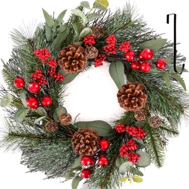 Imagem de WellSign Guirlanda de Natal artificial grande de 50 cm para porta de Natal com cabides, guirlanda de porta de toque de pinheiro verde com frutas vermelhas, pinhas para parede, janela, varanda, casa