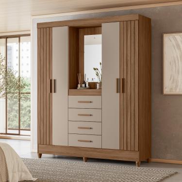 Imagem de Guarda Roupa Capelinha Solteiro Frisado com Espelho 4 Portas 4 Gavetas e Pés Atenas Moval - Carvalho/Fendi