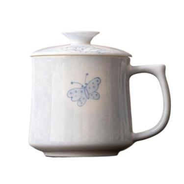 Imagem de Caneca de café de cerâmica Caneca de cerâmica com borboleta e flor, alça tampa, caneca grande capacidade para café, escritório casa