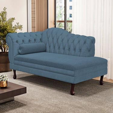 Imagem de Divã Recamier Lavínia Clássico 120cm Capitonê com Pés de Madeira Linho Azul - Desk Design