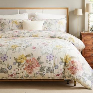 Imagem de Cozaline Capa de edredom 100% algodão tamanho Queen – Conjunto de capa de edredom de jardim florido com fecho de zíper e laços de canto, conjunto de cama floral pastel macio e respirável de 3 peças