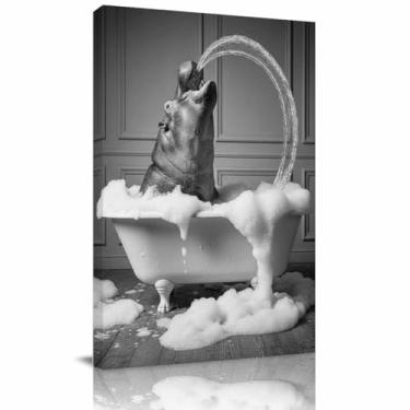 Imagem de Linda decoração de parede de banheiro hipocampo engraçado hipocampo tomando banho na banheira banheiro arte de parede emoldurada pintura humor animal preto e branco imagens de arte, pronto para