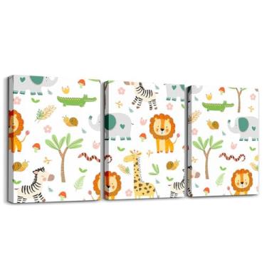 Imagem de Feelyou Arte de parede em tela de animais fofos para sala de estar quarto 30,5 cm x 40,6 cm 3 peças crianças leão girafa elefante zebra macaco imagem decoração de parede para decoração de casa