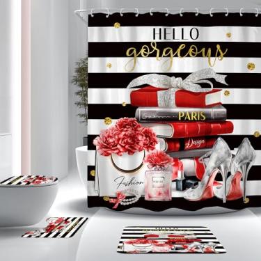 Imagem de Cinbloo Conjunto de 4 peças de cortina de chuveiro preto vermelho bordô, moda flor perfume feminino moderno cortina de banheiro com tapete, capa de tampa de vaso sanitário, tapete de banho, revista de