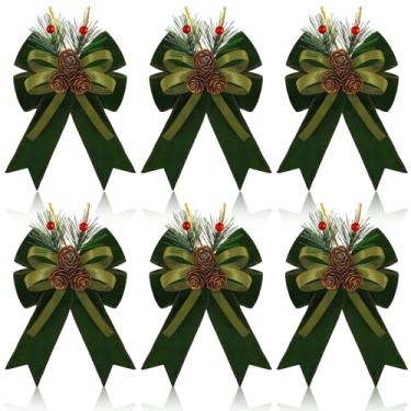 Imagem de Syhood 6 peças de laços de Natal com pinhas, agulhas de pinheiro, laços de veludo de Natal, fita verde sálvia, guirlanda de árvore de Natal, decoração para festas de Natal, ambientes internos e