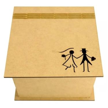 Imagem de Caixa Quadrada Tampa Dobravel Casal Noivos 20X20X10 Laser Mdf Madeira Marpax