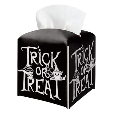 Imagem de Porta-caixa de lenços de Halloween para doces ou travessuras, capa quadrada de caixa de lenços de couro preto, organizador de papel facial, suporte de papel higiênico para banheiro, cozinha