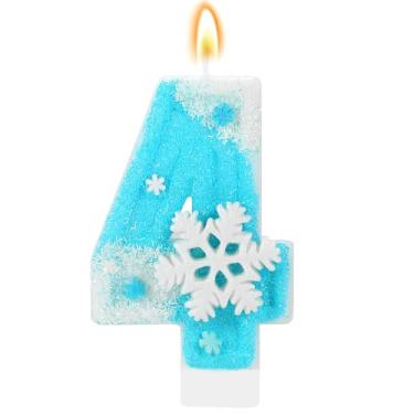 Imagem de IDIJOLI Vela de aniversário Frozen, floco de neve, número 4, topo de bolo, decoração de cupcake, decorações de festa de aniversário de 4 anos, comemorações, suprimentos, lembrancinhas