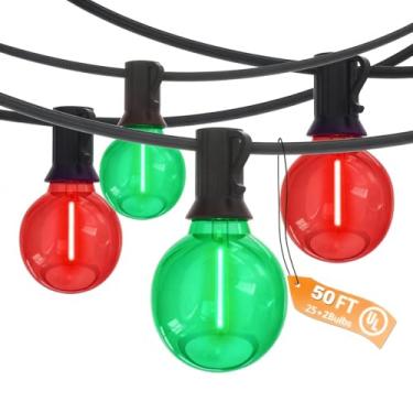 Imagem de Luzes LED vermelhas e verdes transparentes de 1,5 m, luzes de corda de Natal para pátio G40 com 25 lâmpadas coloridas de cerâmica (2 sobressalentes), luzes de suspensão externas de Natal para festa de