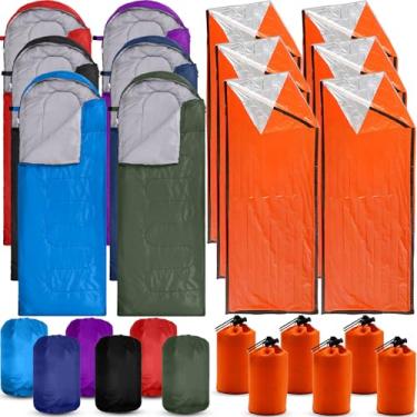 Imagem de Macarrie Conjunto de 18 peças de equipamentos de caminhada, inclui 6 sacos de dormir para adultos, adolescentes e crianças com saco de compressão, 6 sacos de dormir de emergência e 6 bolsas com cordão