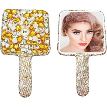 Imagem de Frinnovan Espelho quadrado de strass espelhos portáteis para cílios espelho de cílios bonito espelho de maquiagem de viagem espelho brilhante com alça glitter mão cosméticos deslumbrante espelho