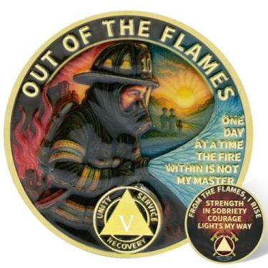 Imagem de Leafence Moeda de sobriedade AA bombeiro Out of the Flames Recovery Token Alcoólicos Anônimos Moedas AA e medalhões One Day at a Time Sobriety Chip Sober Coin (Moeda de Sobriedade de Bombeiro, 5 anos)