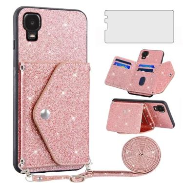 Imagem de Asuwish Capa de telefone para Alcatel TCL A3 A509DL / A30 Capa carteira com protetor de tela de vidro temperado e alça transversal com glitter brilhante para cartão TCLA3 TLC A 3 3A 509DL 30A 5102