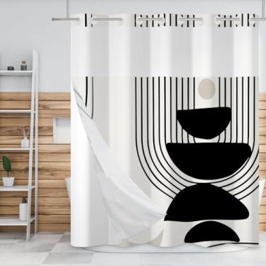 Imagem de Baocicco Cortina de chuveiro boêmia preta cinza sem gancho com forro de tecido de encaixe, geométrico listrado lua, camadas duplas com tela transparente, cortina de chuveiro de hotel e conjunto de