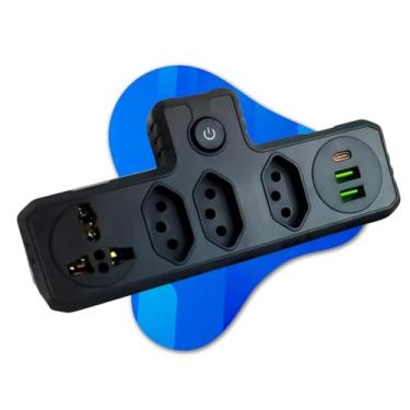 Imagem de Adaptador Tomada Régua Energia Elétrica 4 Tomadas 2 USB 1 USB-C 110-220V Potência 2500W 10A (PRETO)