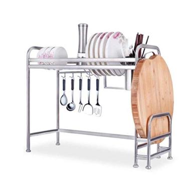 Imagem de AKALNNB - Rack de armazenamento de cozinha de aço inoxidável prateado escorredor de pratos prateleira de armazenamento suporte de tábua de corte com ganchos (uma cor G) (uma cor P)