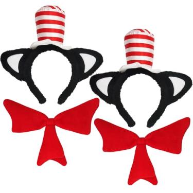 Imagem de Orelhas de gato + faixa de cabeça de chapéu + gravata borboleta vermelha, vermelha + preta + branca, todas