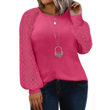 Imagem de Blusa feminina Eytino plus size raglan de manga comprida, renda 1x ros